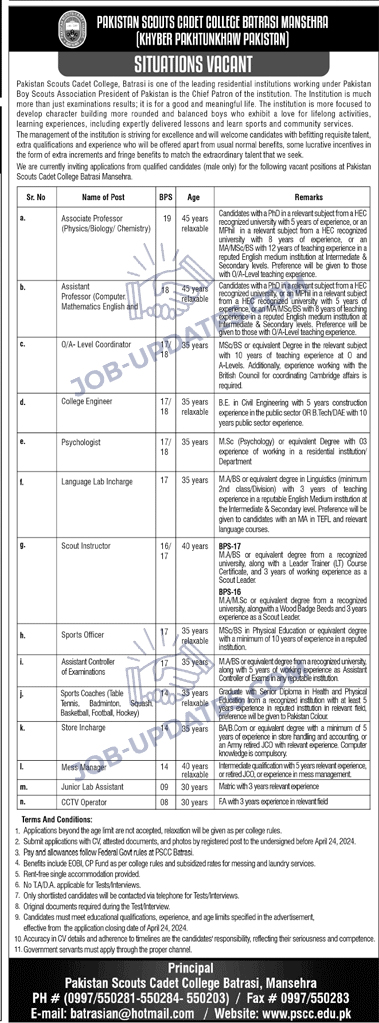 Cadet College Mansehra BPS-08 to BPS-19 Jobs 2024