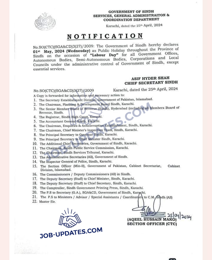 General / Public Holiday on 1st May 2024 (Wednesday) in Sindh