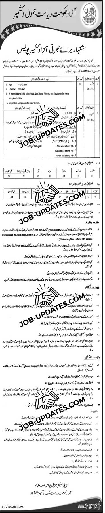 Recruitment of Constables and Stenographers in AJK Police 2024