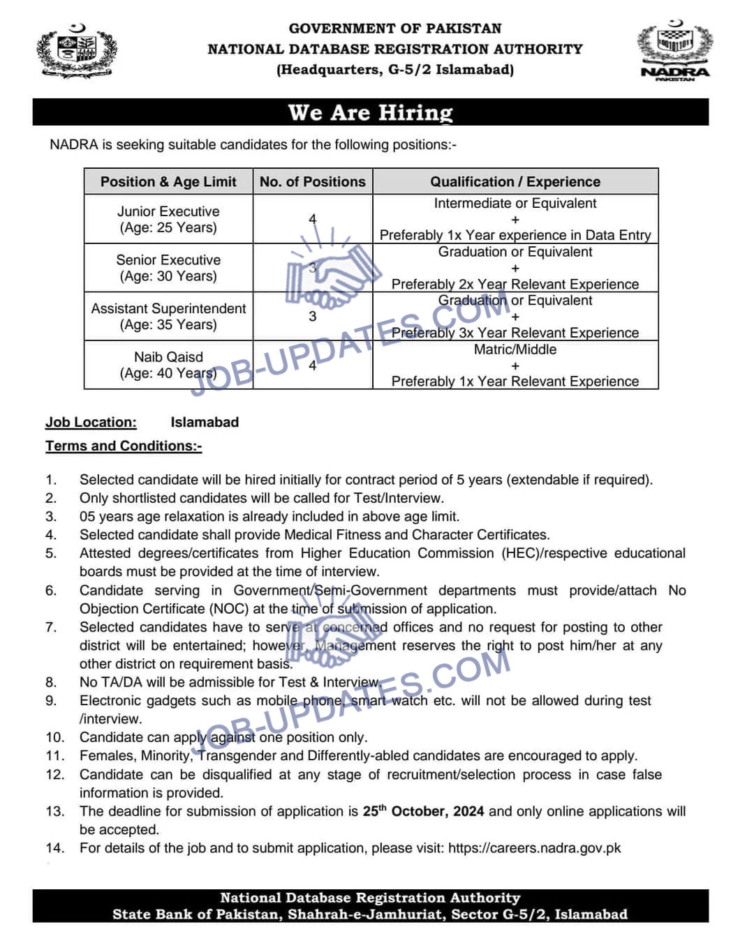 Job Opportunities at National Database & Registration Authority (NADRA), Islamabad – October 2024