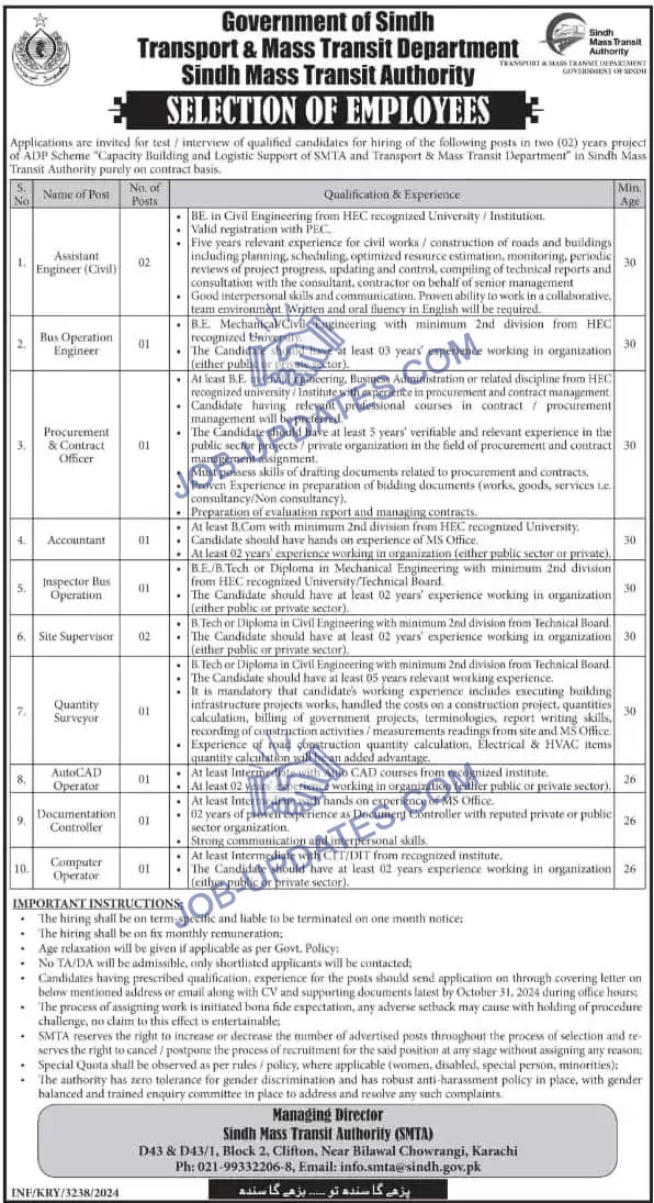 Sindh Mass Transit Authority, Government of Sindh Jobs Oct 2024