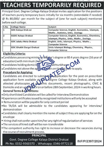 Teaching Positions at Govt. Degree College Kalaya Orakzai 2024